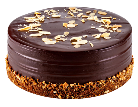 A decadent chocolate cake piece featuring smooth dark frosting, almond flakes on top, high-quality cutout, isolated on transparent background