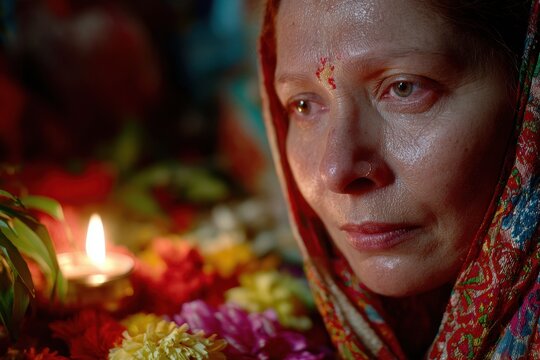 A close-up of a woman draped in a richly colored saree, gently illuminating her face with a flickering lamp, surrounded by floral decorations, evoking a sense of devotion and gratitude