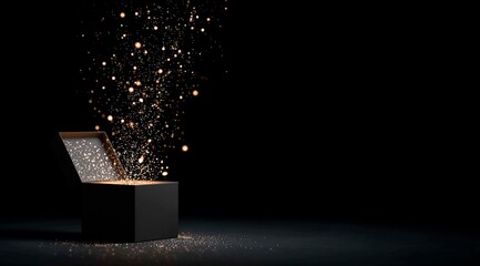 Open gift box with luminous particles surprise on black background, luxury and premium concept.
