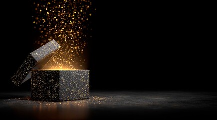 Open gift box with luminous particles surprise on black background, luxury and premium concept.