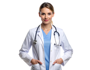 A woman healthcare provider standing with a stethoscope around her neck, modern clinical look, isolated on a transparent background