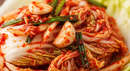 Vibrant Fresh Korean Kimchi Close-Up Crispy Napa Cabbage, Fiery Chili Paste, Green Onions, and Whole Garlic Cloves for a Stunning Visual