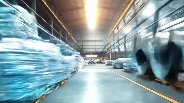 Packed rolls of steel sheets, cold rolled steel coils in factory warehouse.