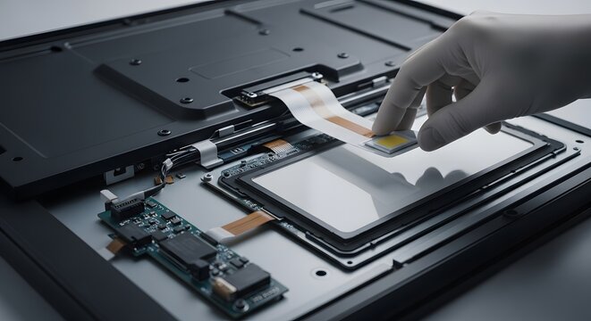 Hand assembling electronic component on screen panel in a manufacturing environment setting up device