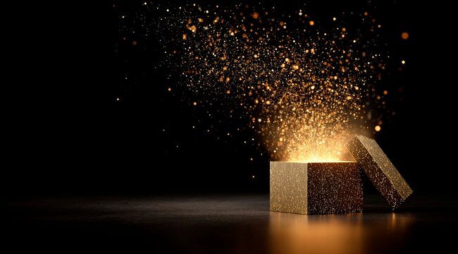 Open gift box with luminous particles surprise on black background, luxury and premium concept.