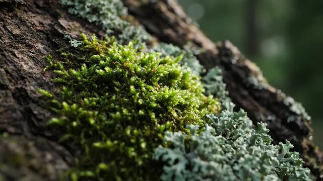 Intricate Moss Carpet Close up macro shot, gently revealing individual moss strands and tiny dew drops on a forest floor. Serene, organic, detailed, contemplative, natural, raw, intricate.