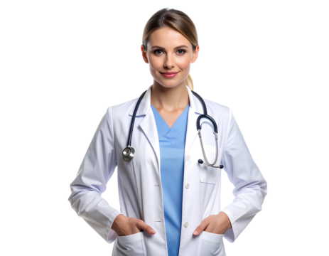 A woman healthcare provider standing with a stethoscope around her neck, modern clinical look, isolated on a transparent background