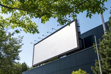 Blank billboard surrounded by trees against a blue sky for advertising