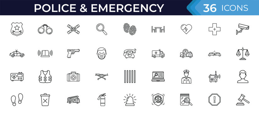 Police and emergency services line icon set. Vector pictograms of law enforcement, rescue tools, medical response, safety actions, crime elements, alerts, vehicles and protection illustration