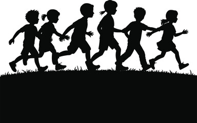 Silhouette of active children running together outdoors on grassy hill, symbolizing childhood energy, teamwork, playful movement, fitness, freedom, and joy