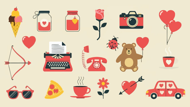 A collection of flat design icons depicting various romantic and Valentine's Day themed items like hearts, flowers, food, gifts, and vintage objects.
