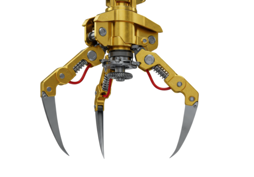 High-precision robotic claw with a polished brass body and steel prongs on a transparent background with specular reflections. Concept of mechanical engineering
