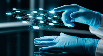 Hands with gloves touching digital data network structure