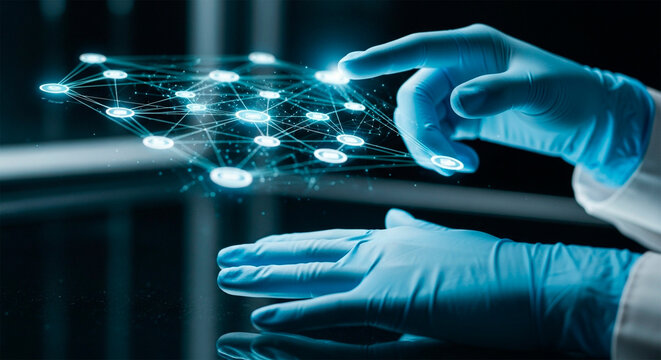 Hands with gloves touching digital data network structure