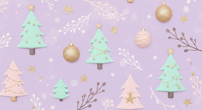 Festive pastel christmas trees and ornaments scattered on a soft purple background with delicate branches and glitter - Powered by Adobe