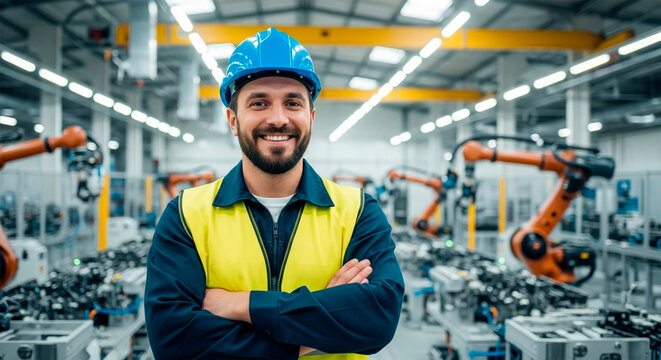 Smiling worker wearing a hard hat in a modern automated factory