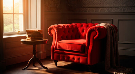 Red armchair in a cozy living room with books and sunlight
