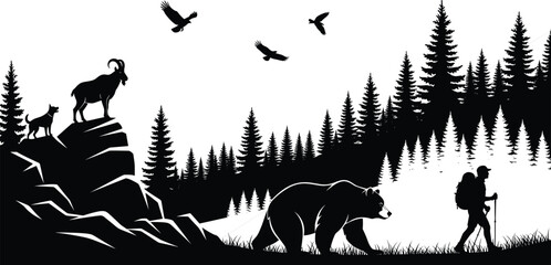 Silhouette wilderness scene with hiker, bear, mountain goats, flying birds, forest landscape, outdoor adventure wildlife illustration for nature exploration themes