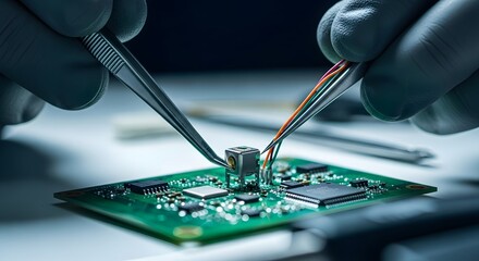 Close up of hands using tweezers on a circuit board with wires and electronic components present