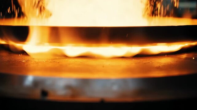 Medium shot capturing highintensity carburizing of steel parts emphasizing the deepening surface hardness with vivid furnace heat effects.