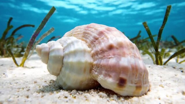 Macro Shell Detail Extreme close up (macro), showcasing the intricate, pristine patterns, textures, and vibrant natural colors of a seashell, bathed in soft, natural underwater light. Slow motion.