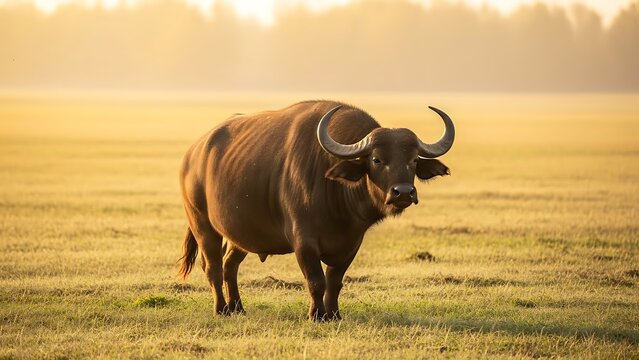 A brown buffalo with horns stands in a green pasture on a farm