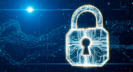 Digital padlock icon in a blue digital environment.