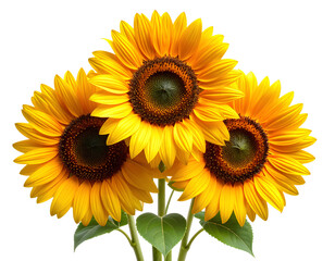 Cluster of Three Sunflowers with Overlapping Petals, Front-Facing Arrangement, PNG Cutout.