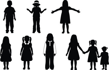 Silhouettes of diverse children standing and holding hands in various poses, showcasing childhood unity, friendship, innocence, harmony, and playful togetherness in a group scene