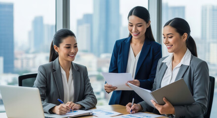 Three smiling businesswomen agents collaborate on house and insurance contract documents, reviewing terms in a modern office.
