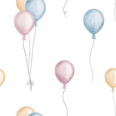 Balloon watercolor seamless pattern with floating elements for wrapping paper, nursery wallpaper, and textile design. Illustration of Background in pastel colors for baby bed linen or Birthday party.
