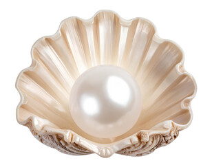 Fantasy Glow Pearl Nestled in Carved Shell Base, Top-Down View, fully isolated on a transparent background.