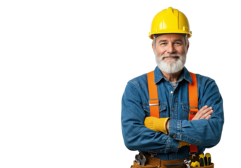 Mature caucasian craftsman in a hard hat with a tool belt, arms crossed and smiling on a white background with copy space. concept of professional expertise