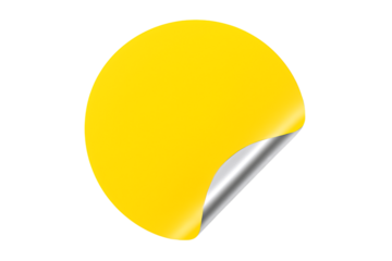 Circle sticker, bright yellow with silver underside peeling up, cutout, PNG isolated on white or transparent background