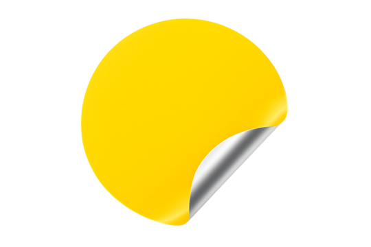 Circle sticker, bright yellow with silver curled corner, cutout, PNG isolated on white or transparent background