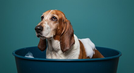A basset hound dog with brown and white fur sits in a blue tub with soap bubbles during bath time