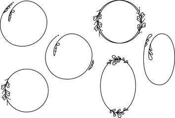 Collection of hand drawn floral elements with leaves and geometric frames. Botanical ornament for greeting card, wedding invitation, menu design.