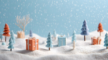Cute holiday scene with small gift boxes, tiny trees, snow-like confetti on pastel blue backdrop, copy space 