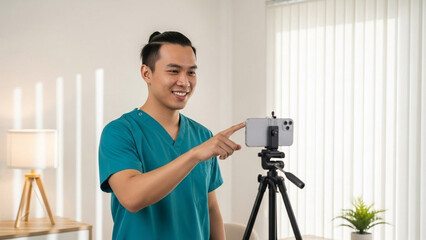 Healthcare professional in teal scrubs presenting on smartphone with ring light in bright medical room – digital medical education and telehealth JPG
