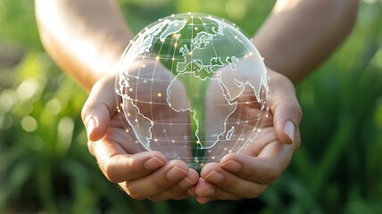 Hands Holding Globe Earth with Glowing Connections Symbolizing Global Network
