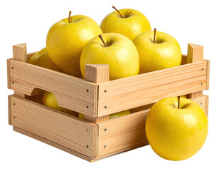 Golden Apples Overflowing from Wooden Crate, Side Angle, PNG Cutout