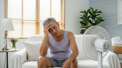 Elderly person on white couch using fan in sunlit living room – hot indoor climate with cozy home setting JPG
