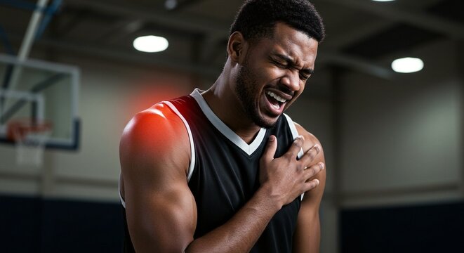 Basketball player grimacing in pain, clutching his injured shoulder during a game