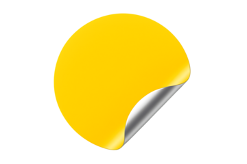 Circular sticker, bright yellow with peeled corner and silver underside, cutout, PNG isolated on white or transparent background