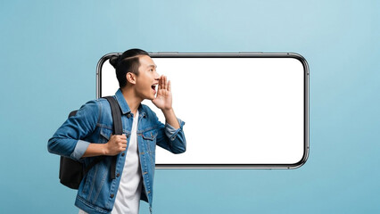 Young person calling out beside blank white billboard on soft blue background – modern promotional concept with clean minimal design JPG