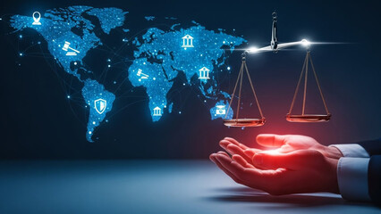 Global justice concept with glowing scale above hands over world map filled with legal and financial icons – digital governance and accountability JPG