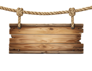 Hanging Wooden Farm Sign Over Grass Field, Rope-Suspended Blank Board, PNG.