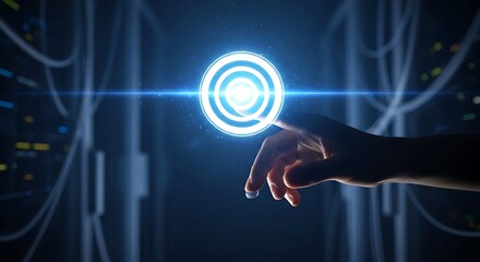 Human finger touching futuristic interface in data center with blue lights