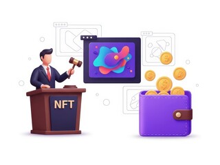 3d character auctioneer selling nft art on screen with cryptocurrency flowing into digital wallet concept isolated on white background