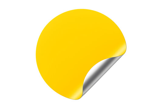 Circular sticker, bright yellow with peeled corner and silver underside, cutout, PNG isolated on white or transparent background
